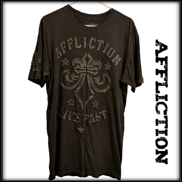 AFFLICTION Live Fast Black Leather Graphic Print Thick Stitch T-Shirt Men's L - Picture 6 of 8